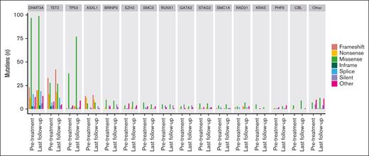 CH mutation types detected before treatment and at posttreatment follow-up in each gene. “Other” includes variants in 3′ and 5′ untranslated regions, upstream and downstream gene variants, and intronic variants.