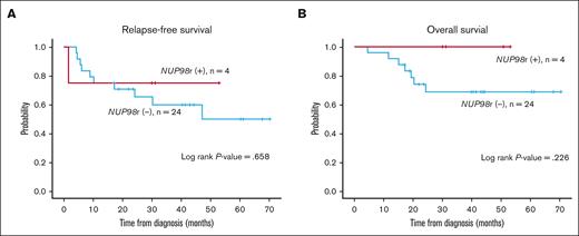 Survival outcomes of FLT3-ITD+ AML according to NUP98r status among those who received allogeneic HSCT (n = 28). (A-B) The Kaplan-Meier plots of relapse-free survival (RFS) (A) and overall survival (OS) (B) in NUP98r+ and NUP98r− patients. Statistical analysis was done with IBM SPSS Statistics software version 28.0.0.0. P values <.05 were considered statistically significant. RFS was determined from the time of AML diagnosis to the first relapse, death, or last follow-up. OS was measured from the time of initial diagnosis to death from any cause or last follow-up.