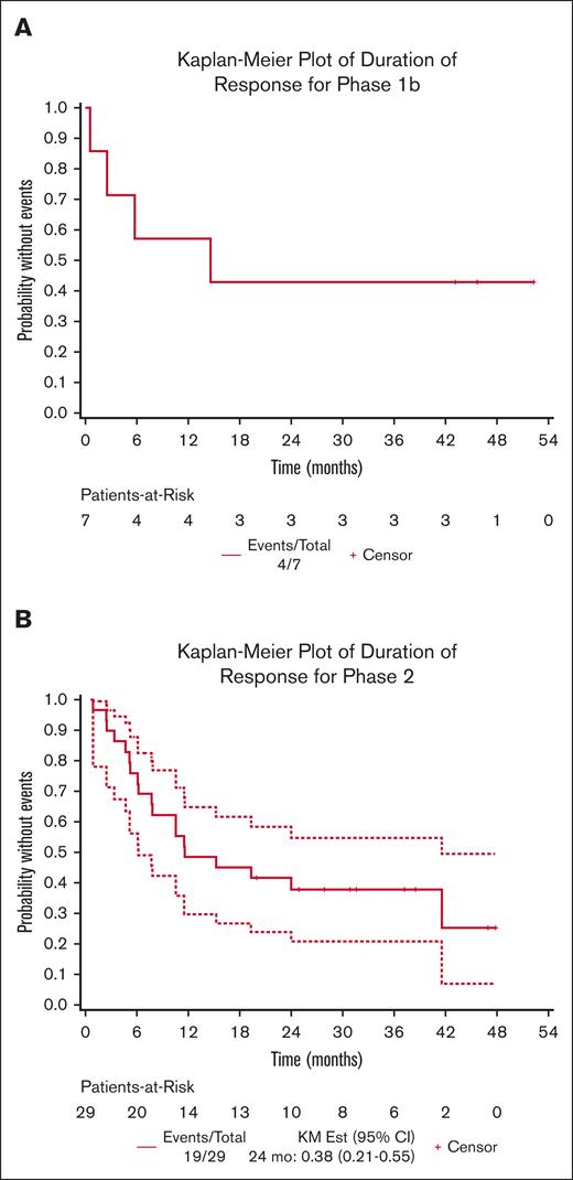 Durability of responses for patients who achieved a remission. Duration of response estimated by the Kaplan-Meier method for phase 1b (A) and phase 2 and Exp (B).