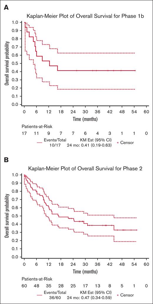 Survival assessments for patients enrolled on study. Overall survival estimated by the Kaplan-Meier method for phase 1b (A) and phase 2 and Exp (B).