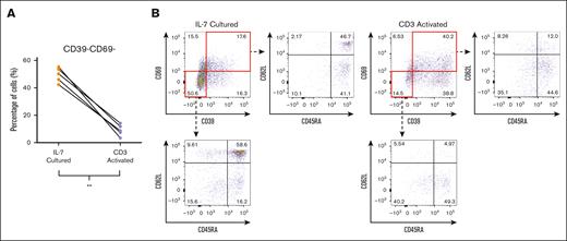 Presence of stem-like TIL markers on CD19 CAR T cells. (A) Percentage of stem-like CD39−CD69− population in CD3+CD34+ cells transduced either after IL-7 culture or CD3 activation. The graph depicts each data point from 5 donors with lines connecting data points from an individual donor. Statistics were calculated by 2-tailed Wilcoxon rank sum test. ∗∗P = .0079. (B) Flow cytometry analysis depicting TN/TSCM (CD62L+CD45RA+), TCM (CD62L+CD45RA−), TEM (CD62L−CD45RA−), and TEFF (CD62L−CD45RA−) populations in CD3+CD34+CD39−CD69− and CD3+CD34+CD39+CD69+ cells transduced either after IL-7 culture or CD3 activation. Graphs are representative of 5 experiments using cells from 5 different donors.