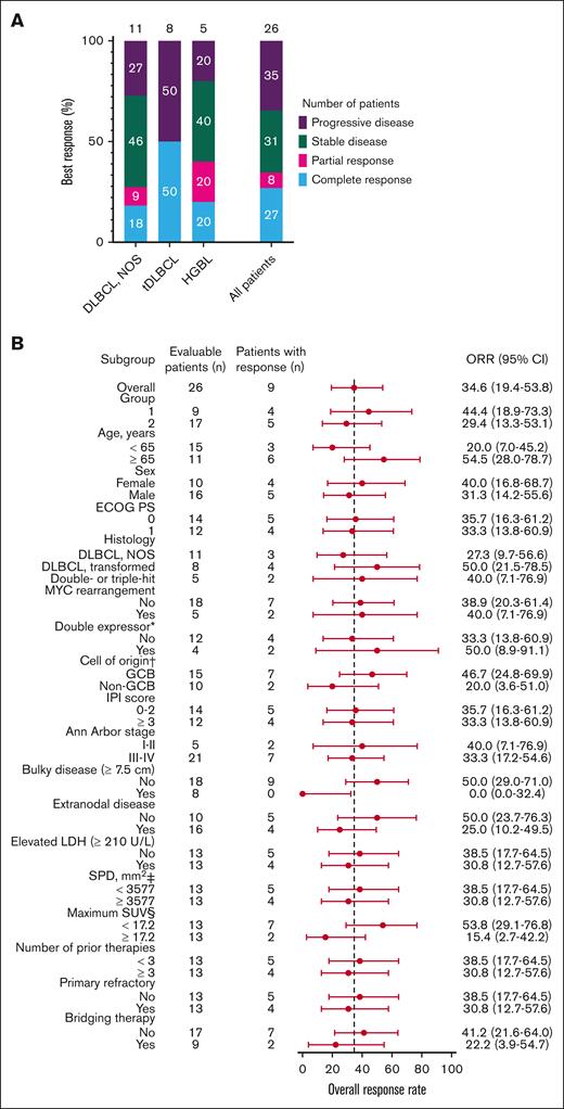 Best response rate at 3 months. (A) Best response at 3 months on 26 of the 29 patients included in the efficacy-evaluable set according to disease histology (DLBCL NOS; tDLBCL; and HGBL with MYC and BCL2 and/or BCL6 rearrangements) and in the whole cohort. (B) Subgroup analysis of the ORR for key baseline and clinical covariates. ∗Indicates double expressor excluding double- or triple-hit lymphoma (total of 23 patients). † indicates cell of origin by the Hans algorithm. ‡ indicates the sum of the product of the perpendicular diameters of up to 6 target measurable nodes and extranodal sites. § indicates the maximum standardized uptake value in target lesion. The 95% CI was calculated with the use of the Wilson/Brown method. ECOG PS, Eastern Cooperative Oncology Group performance score; HGBL, high-grade B-cell lymphoma; IPI, International Prognostic Index; LDH, lactate dehydrogenase; NOS, not otherwise specified; SPD, sum of the product of the perpendicular diameters of up to 6 target measurable nodes and extranodal sites; tDLBCL, DLBCL transformed from indolent histology.