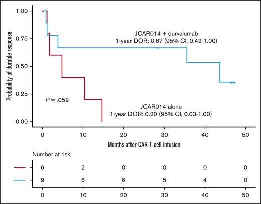 DOR in patients treated with JCAR014 with and without durvalumab. Kaplan-Meier estimates of the DOR according to treatment cohort. P value per log-rank test. The numbers of patients at risk at 10-month intervals are indicated.