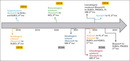 Overview of CAR T cells granted with marketing authorizations (MA) in the European Union by January 2023, including extensions of their MA. BCMA, B-cell maturation antigen; FL, follicular lymphoma; HGBCL, high-grade B-cell lymphoma; MCL, mantle cell lymphoma; MM, multiple myeloma; PMBCL, primary mediastinal B-cell lymphoma.