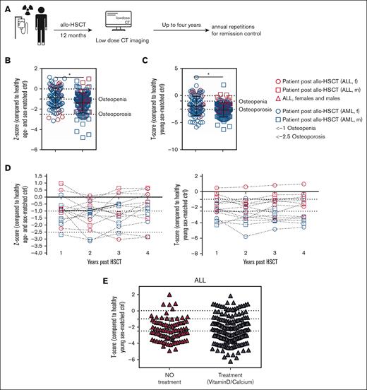 Human BMD measurements show induced osteoporosis after allo-HSCT. (A) Experimental design for human HSCT and myeloablation after allo-HSCT and analysis via CT 12 months after HSCT with annual repetitions for remission control (up to 4 years). Acute lymphoblastic leukemia (ALL; females, n = 17; males, n = 25) and acute myeloid leukemia (AML; females, n = 84; males, n = 97). (B) Z-score: comparison of the measured person's bone density with age- and sex-matched controls. (C) T-score: comparison of the measured person's density values with those of a healthy young adult (aged 20-30 years), comparison with peak bone density, sex matched. (D) Left graph: Z-score: comparison of the measured person's bone density with age- and sex-matched controls within the first 4 years after HSCT. Right graph: comparison of the measured person's density values with those of a healthy young adult (aged 20-30 years), comparison with peak bone density, sex-matched within the first 4 years after HSCT (right graph). (E) Analysis of differences in T-scores between vitamin D3–treated patients with Dekristol 20 0000 or calcium (calcium effervescent tablets of 500 mg) compared with untreated patients. The measurement of T- and Z-scores already incorporates BMD data across a wide age range (1-80 years) from healthy US Caucasian or Asian individuals, which constitutes a statistical analysis. ∗P < .05 (Kruskal-Wallis test: panels B,C). Data are represented as mean ± standard deviation (SD). ctrl, control; f, female; m, male.