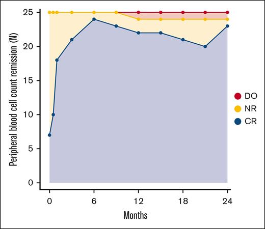 Rate of peripheral blood cell count remission during treatment. ∗One patient in CR at 24 months was receiving HU after discontinuation of study drugs at 18 months due to side effects. DO, dropout; NR, no remission.