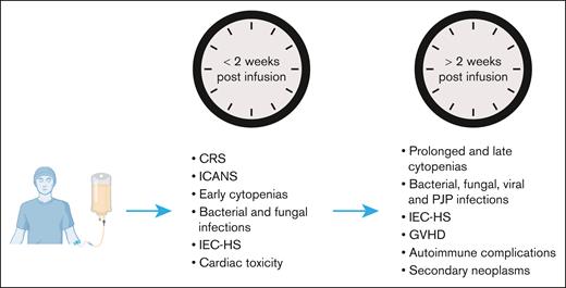Timeline of toxicities following CAR T-cell infusion. GVHD, graft-versus-host disease; IEC-HS, immune effector cell–associated hemophagocytic lymphohistiocytosis-like syndrome; PJP, Pneumocystis jirovecii pneumonia.