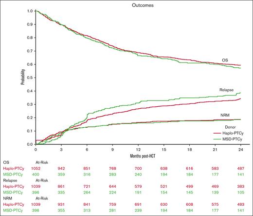 Outcomes of haploidentical vs MSD-PTCy HCT. Kaplan-Meier probability of OS, and cumulative incidence of relapse and NRM comparing haploidentical donor (Haplo-PTCy, red) vs HLA-MSD (MSD-PTCy, green).