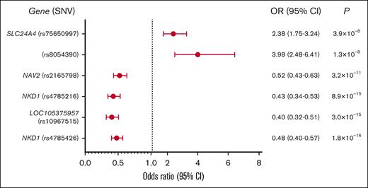 ITP case-control analysis forest plot. Forest plot showing the OR, confidence intervals, and P values for SNVs in ITP vs healthy controls. Two variants were present at increased frequency in ITP, whereas the remaining 4 SNVs had a negative association with ITP. 95% CI, confidence interval.
