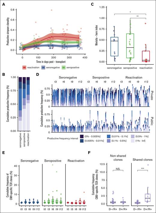 TCR repertoire restoration in relation to CMV serostatus and infection/reactivation. Stratification according to the following groups: seronegative (n = 20), seropositive (n = 21), and reactivated (n = 13) CMV recipients applies to plots (A-E). (A) Evolution of TCR-productive Simpson clonality at serial time points after HSCT fitted using LOESS regression with a 95% confidence interval. (B) Productive frequency distribution at 12 months after HSCT with respect to groups. (C) TCR repertoire overlap computed using the Morisita-Horn index between 3 and 12 months after HSCT. Morisita-Horn indices vary between 0 (no overlap) and 1 (complete overlap) and are represented along the y-axis. (D) Private (upper panel) (ie, observed in only 1 D/R pair) and public (lower panel) (ie, observed in ≥2 D/R pairs or matching clonotypes present in public databases with antigen-specific validated TCRs) fractal clonal size organization at serial time points after HSCT. Each bar represents a single individual. The color-coded legend bar represents the stratification according to the individual clone’s productive frequency. (E) Cumulative productive frequency of CMV–specific TCR clones identified by in silico matching with public databases at serial time points after HSCT. (F) Cumulative productive frequency of donor-recipient nonshared and shared (ie, between each D/R pair) CMV-specific TCR clones in D–/R+ (n = 9) and D+/R+ (n = 4) CMV reactivated recipients at all time points combined. The cumulative frequencies at each time point are detailed in supplemental Figure 4A. Box plots display medians and IQRs, with whiskers representing 1.5× IQR. Wilcoxon-rank sum test for pairwise comparisons in panels B,F. All P values were 2-sided. Statistical thresholds: ∗P < .05; ∗∗P < .01; ∗∗∗P < .001.