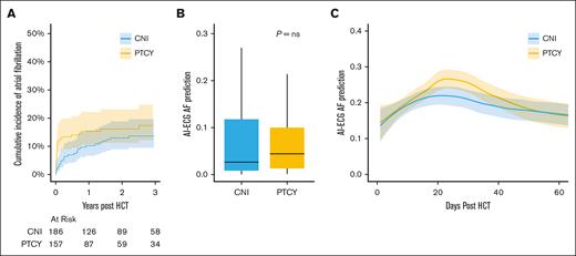 AI-ECG metrics in recipients of posttransplant cyclophosphamide (PTCY) or calcineurin inhibitor (CNI) based graft-vs-host-disease prophylaxis. (A) Cumulative incidence of clinical AF in recipients of PTCY-based prophylaxis and CNI-based prophylaxis. (B) Pre-HCT AI-ECG prediction of AF was similar between CNI and PTCY recipients. (C) Loess regression curves of post-HCT AI-ECGs in sinus rhythm. Post-HCT ECGs were subjected to AI-ECG inference, demonstrating transient increase in AF prediction in PTCY recipients relative to CNI recipients. ns, not significant.