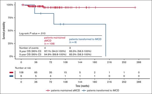Survival curves of patients who maintained aMCD and those who transformed to iMCD. CI, confidence interval.