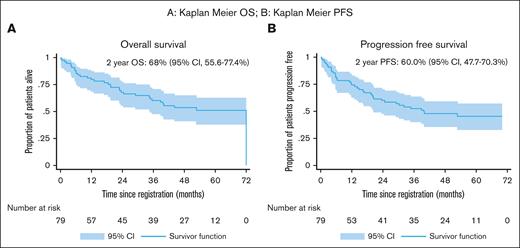 Overall Survival & Progression Free Survival (A) Kaplan-Meyer OS; (B) Kaplan-Meyer PFS.