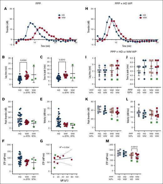 Patients with WM have delayed and reduced thrombin generation. Thrombin generation in (A-G) EDTA-anticoagulated PPP, (H) EDTA-anticoagulated PPP + PAR-1–activated HD WPs, or (I-M) trisoidium citrate-anticoagulated PPP + PAR1–activated HD or WM WPs in HDs (n = 6-25, blue), patients with WM not on therapy (n = 5-13, red) and receiving BTKis (n = 1-3, green). For panels A,H, representative thrombograms, mean of duplicates. For panels B-F,I-M, mean ± SD. For panel G, correlation between ETP and IgM levels of patients with WM. P values were determined by Kruskal-Wallis 1-way ANOVA with Dunn's multiple comparisons test for the panels B-F, or Wilcoxon matched-pairs signed rank test for the panels I-M. R2 values were determined by simple linear regression.