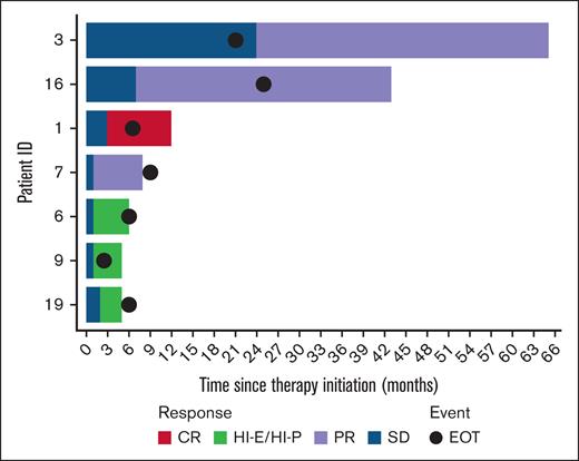 Swimmer plot depicting duration of response among the 7 responders as categorized by the protocol’s predefined response criteria. Patient 1 was able to achieve a protocol CR. Patient 3 had both a PR by Hb (41 months) and spleen criteria (44 months, not shown). Patient 16 achieved a PR by spleen criteria, whereas patient 7 achieved a PR by Hb improvement. Patients 6 and 9 attained hematologic improvement (HI) in platelets, whereas patient 19 achieved an HI in both platelets and erythroid. EOT, end of treatment; SD, stable disease.