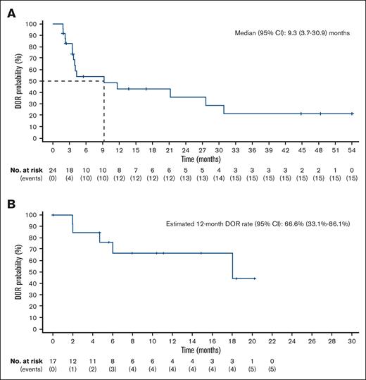 DOR (efficacy analysis set). (A) M+R treatment group. (B) M+R-GemOx treatment group.