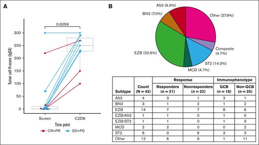 Biomarker analyses. (A) Tumor cell immunohistochemistry H score for IgG4 (magrolimab) presence in tumor tissue biopsies. (B) LymphGen results. C, cycle; D, day; SD, stable disease.