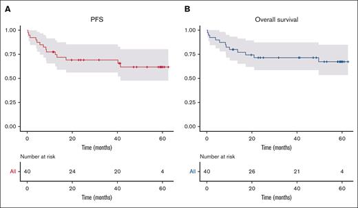 Progression-free and overall survival of the study population during a 5-year follow-up. Curves represent progression-free (A) and overall (B) survival.