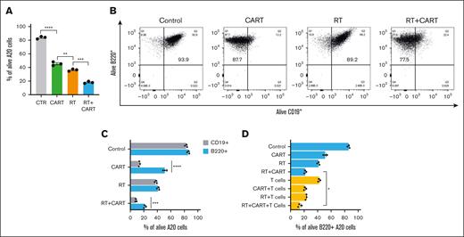 Enhancing sensitivity of target cells to CTL function through RT: implications for CAR T-cell efficacy and antigen escape. (A) Percentage of A20 tumor cells alive after RT, CAR T-cell, and RT and CAR T-cell treatments. (B) Flow cytometry for B220 and CD19 markers after in vitro treatment of A20 tumor cells with RT, CAR T-cell, and RT and CAR T-cell treatments. (C) B220+ and CD19+ alive cells after treatments. (D) B220+ alive cells after treatment with RT, CAR T cells, and T cells isolated from CT26 tumor–bearing mouse adoptively transferred with T cells from RT plus CAR T-cell donor. Graphs show the mean ± SEM. ∗P < .05; ∗∗P < .01; ∗∗∗P < .001; ∗∗∗∗P < .0001. CTR, control.