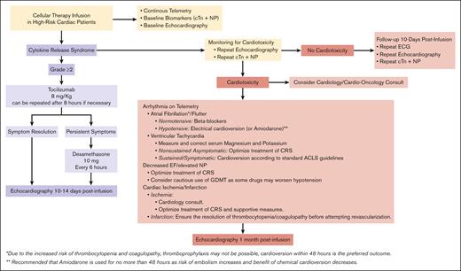 Management of patients with CRS and/or cardiotoxicity. Proposed algorithm for the management of high-risk cardiac patients who develop CRS and/or cardiotoxicity during treatment with T-cell–directed therapy. ACLS, advanced cardiac life support; ECG, electrocardiography; GDMT, guideline-directed medical therapy.