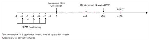 Treatment schema. Auto-SCT: patients who underwent auto-SCT with BEAM conditioning per institutional guidelines. Conditioning regimens other than BEAM were allowed, per treating physician’s discretion. Consolidation: blinatumomab started 6 weeks (±1 week) after auto-SCT. Patients with CR or PR based on pretransplant PET/CT received blinatumomab as a continuous IV infusion (CIVI) at 9 μg/d for 1 week and then 28 μg/d for 3 weeks (total of 4 weeks).