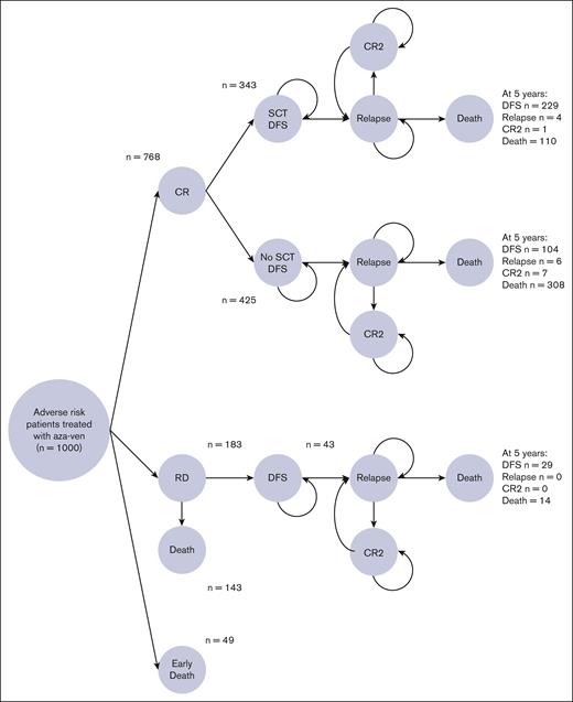 A simplified schematic of the Markov model design. This figure outlines the health states included in the analysis and the possible transitions over time. CR, composite complete remission; RD, refractory disease.