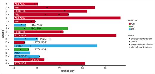 End-of-therapy response and corresponding survival. ^Patients 2, 4, 7, 8, 11, 13, 15, and 16 had to omit nivolumab for at least 1 cycle due to irAE. ∗Patients 12 and 14 expressed cytototoxic markers (ie, granzyme and/or TIA). Patients 2, 4, 6, 8, 11, and 17 were EBV-associated as defined in Table 1. PD, progressive disease.