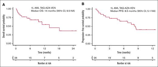 Survival outcomes in the previously untreated AML cohort that received TAG-AZA-VEN. (A) OS probability by intention-to-treat analysis using the method of Kaplan-Meier for the 26 patients in the 1L AML TAG-AZA-VEN cohort. (B) PFS probability for the same cohort, calculated as in panel A.
