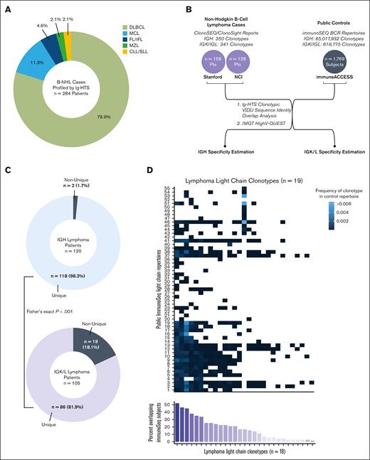 Ig-HTS clonotypic V(D)J sequence identity overlap analysis overview. (A) Histologic representation within the clinical cohort. (B) Schematic depication of analyses performed. (C) Donut charts depicting the proportion of patients with unique or non-unique heavy chain (blue) and light chain (purple) clonotypes detected by clonoSEQ. (D) Each column depicts a non-unique dominant lymphoma light chain clonotype, as determined by clonoSEQ. Each row represents an individual immunoSEQ BCR repertoire from the control immuneACCESS database. The frequency at which the clonoSEQ clonotype occurs within each control repertoire is depicted in blue. Clonotypes not found in a given control repertoire occupy white squares. The bottom bar chart sums up the percent of immuneACCESS subjects (out of 71 total) that overlap with each clonotype.