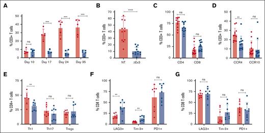 MIR155HGΔexon3 T cells persist with lower Th1 cell population in circulation. Flow cytometry was performed on peripheral blood cells obtained from facial bleeds of xeno-GVHD mice that received 10 × 106 MIR155HGΔexon3 or NT human T cells. Each point represents an independent mouse receiving either MIR155HGΔexon3 or NT control human T cells. (A) Percentage of CD3+ T cells over time from a single representative donor is shown, n = 5 per cohort. (B-G) Mice were bled through cardiac puncture on day 35 after transplantation, data combined from 2 to 3 independent donors, n = 8 to 12 per cohort. (B) Percentage CD3+ T cells. (C) Percentage CD4+ and CD8+ T cells subsets. (D) CCR4 and CCR10 expressing CD3+ T cells. (E) Proportion of Th1, Th17, and Treg CD4+ T-cell subtypes. LAG3, Tim3, and PD1 expression on (F) CD4+ T cells and (G) CD8+ T cells (∗P < .05, ∗∗P < .01, ∗∗∗P < .001).