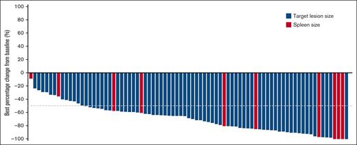 Waterfall plot of best percentage change from baseline in patients with R/R MZL receiving parsaclisib treatment. Best percentage change from baseline in either target lesions for patients with measurable disease at baseline and at least 1 valid postbaseline measurement (blue bars, n = 71) or enlarged portion of spleen for patients with splenomegaly only at baseline and at least 1 valid postbaseline measurement of spleen (red bars, n = 10) by IRC (cohort 2 WG and DG).