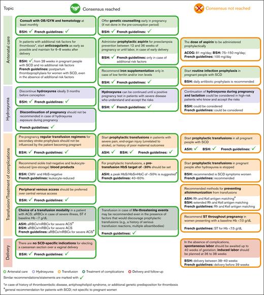 Alignment between selected areas of consensus and nonconsensus of the Delphi survey and the recommendations of professional societies/national guidelines. Recommendations of professional societies and national guidelines were retrieved from ACOG,16 ASH,15 BSH,7 and the French guidelines.14 ACOG, the American College of Obstetricians and Gynecologists; ASH, the American Society of Hematology; CMV, cytomegalovirus.