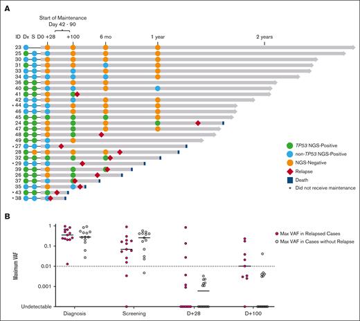 Serial molecular MRD surveillance before and after transplant. (A) Molecular MRD swimmer plot. Each bar represents a patient, with the length of gray bars indicating follow-up time. Patients arranged by follow-up time and labeled by patient/study ID number. Recommended window for maintenance initiation indicated (day +42 to day +90). Symbols indicate molecular status (defined as detection of pre-allo-SCT mutation) at serial time points, relapse, and death; asterisk indicates those that did not receive maintenance (n = 5), and blue- or green-filled circles indicate TP53 mutation status. Notably, ID 40 had molecular MRD positive clone detected at 1 year (RUNX1 p.L175fs at VAF of 0.19%) but did not relapse at time of data cutoff. (B) Plot of mutational burden by VAF over time early in the transplant course. Line presents median. VAF > 0.01 (1%) at day +100 identifies cases that are most likely to relapse. One exception to this is a 4.8% VAF TP53-mutated clone identified at day +100 that was not detected at subsequent time points.