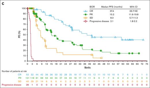 Efficacy endpoints: duration of response and progression-free survival. DOR according to the BOR (A), PFS according to the cohort (B), and PFS according to the BOR (C). NE, not estimable; SD, stable disease.