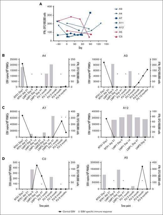Persistence of EBV-specific immune response. (A) Persistence of EBV-specific immune responses of responders (blue) as compared with those of nonresponders (red) in new diagnosis stratum is evident on day 90 (A). Patients with CR on day 41 demonstrated EBV-specific immune response while maintaining negative EBV viral load through 3 months after infusion (B). Patients with PR maintained EBV-specific immune response (C). Patients with PD had declining EBV-specific immune response; both patients received further therapy after day 41 evaluation with PD (D).