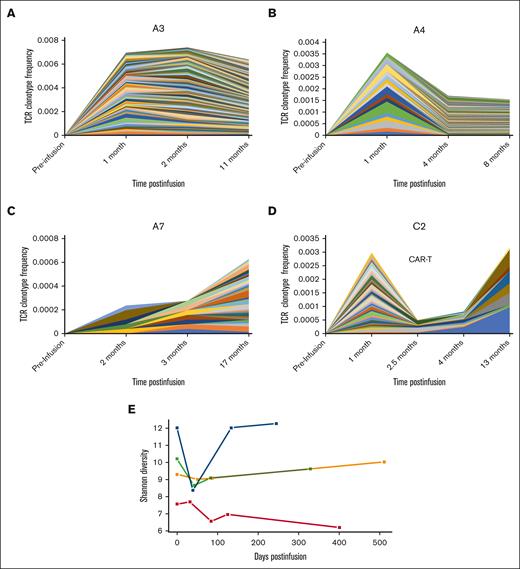 TCR sequences unique to LMP-TC product expanded after infusion and were maintained in responders. Patient A3, with CR and with TCR sequences unique to product persistent at 11 months (A); patient A4, CR with TCR sequences until 8 months (B); patient A7, PR with sequences present until 17 months (C); patient C2, with PD, had declining unique TCR sequences at second follow-up time point, and patient received further therapy with CAR-T. After CAR-T, evidence of expansion of novel TCR sequences were again evident (D). Diversity of TCR clones present in LMP-TC products (E). CAR-T, chimeric antigen receptor T-cell therapy.