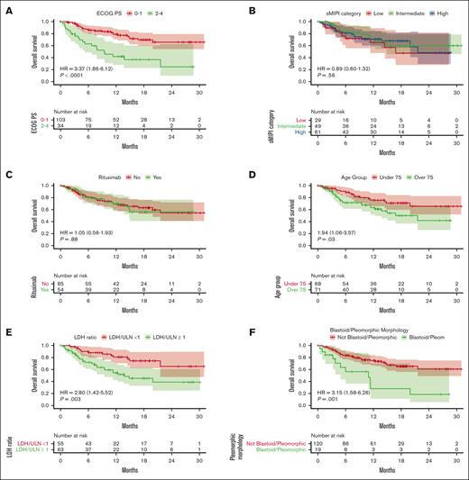 Overall survival based on variables of interest. (A) ECOG PS, (B) sMIPI risk category, (C) rituximab use, (D) age, (E) LDH ratio, and (F) blastoid/pleomorphic morphology.