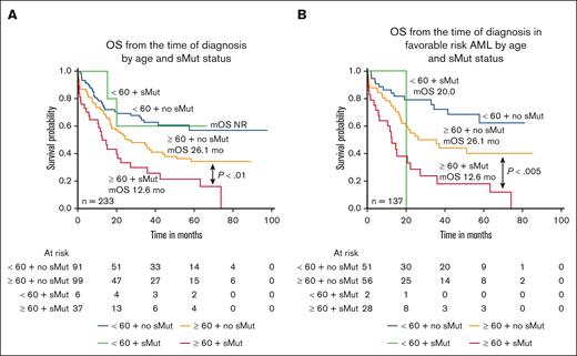 OS by age and sMut status of the entire cohort and favorable risk subset. (A) Median OS was shorter in older patients (age ≥60) with NPM1-mutated AML with sMut than those without sMut. (12.6 months vs 26.1 months; P < .01). (B) When restricted to only patients with favorable risk, median OS was again significantly shorter in the older, sMut subset.