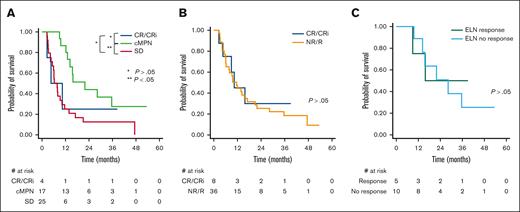 Kaplan-Meier survival analysis among patients treated nonintensive blast-reduction strategies. (A) Comparison of OS among patients achieving CR/CRi, cMPN, or SD as best response. (B) Comparison of OS by ELN 2022 response criteria; CR/CRi vs NR/R. (C) Comparison of OS among patients with cMPN reclassified to either responders or nonresponders by ELN 2022 criteria.
