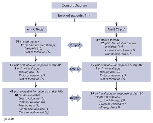 CONSORT diagram description of patient flow in both study arms since enrollment to day 180 from the initial response. Causes for exit from the study are also reported.