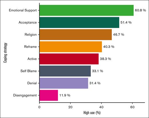 Proportion of patients reporting high use of individual coping strategies based on median split method. Median scores for approach-oriented coping strategies: emotional support, 8; acceptance, 8; reframing, 6; and active coping, 7. Median scores for avoidant coping strategies: self-blame, 2; denial, 2; and behavioral disengagement, 2. Median score for religious coping: 5.