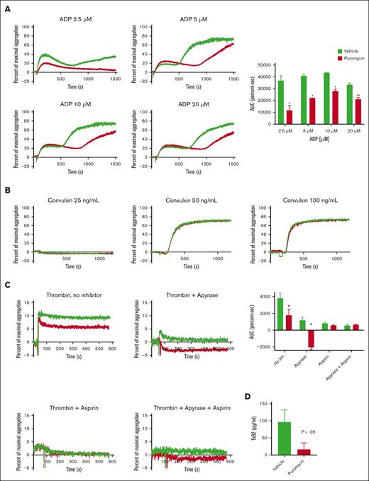 Translation inhibition in vivo suppresses murine platelet ex vivo aggregation by inhibition of thromboxane generation. (A-C) Platelet aggregation in response to agonists as indicated. In panel C, platelets were pretreated with vehicle, apyrase (1 U/mL), and/or aspirin (1 mM) for 30 minutes before stimulation with 0.0025 U/mL thrombin; n = 3; ∗P < .01, ∗∗P < .03. AUC, area under the curve. (D) Washed platelets (2 × 108) from vehicle- or puromycin-treated mice were suspended in 0.4 mL of buffer and stimulated with 10 μM ADP for 3 minutes, and thromboxane B2 in platelet-depleted releasates was measured as described in “Methods”; n = 5. Vehicle, green lines or bars; puromycin, red lines or bars.