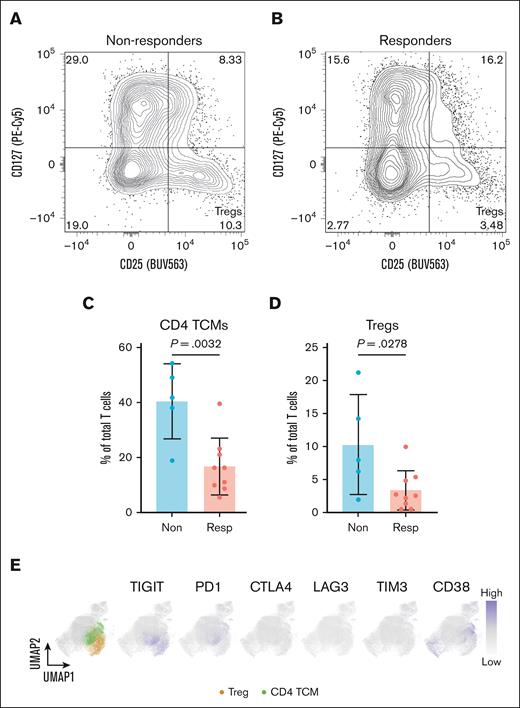 TIGIT+ Tregs are increased in teclistamab nonresponders. T-cell gating of the CD4+ subpopulation identifies CD25+CD127lo Tregs in (A) teclistamab nonresponders and (B) teclistamab responders. Values shown in panels A and B refer to percentage of total T cells, whereas contour plots refer to percentage of total CD4+ T cells. (C) CD4+ central memory T cells and (D) Treg abundance in teclistamab nonresponders vs responders. (E) Feature plots highlighting the differential expression of TIGIT, PD1, CTLA4, LAG3, TIM3, and CD38 by CD4+ TCM and Treg subpopulations.