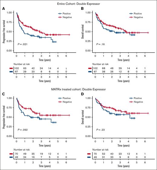 Adverse clinical outcomes associated with double expressor status. Association of double expression of MYC (>40%) and BCL2 (>50%) with PFS and OS in the entire cohort (A-B) and in the MATRix-treated subgroup (C-D).
