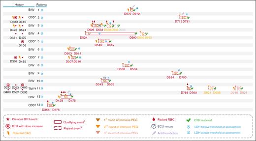 Management of acute BTH events in the OLE study. At the time of March 2022 data cut. ∗Patient had LDH >2× ULN and experienced an AE of BTH that was deemed related to PNH by the investigators. ꝉPatient had LDH >2× ULN and experienced an AE of anemia that was deemed related to PNH by the investigators. ‡Acute BTH event qualifying for administration of first round of intensive pegcetacoplan dosing. §Repeat acute BTH event treated with intensive pegcetacoplan dosing. BIW, twice weekly; BTH, breakthrough hemolysis; CAC, complement-amplifying condition; D, day; ECU, eculizumab; IV, intravenous; LDH, lactate dehydrogenase; PEG, pegcetacoplan; Q3D, every 3 days; RBC, red blood cell; SC, subcutaneous; TIW, 3 times weekly; ULN, upper limit of normal.