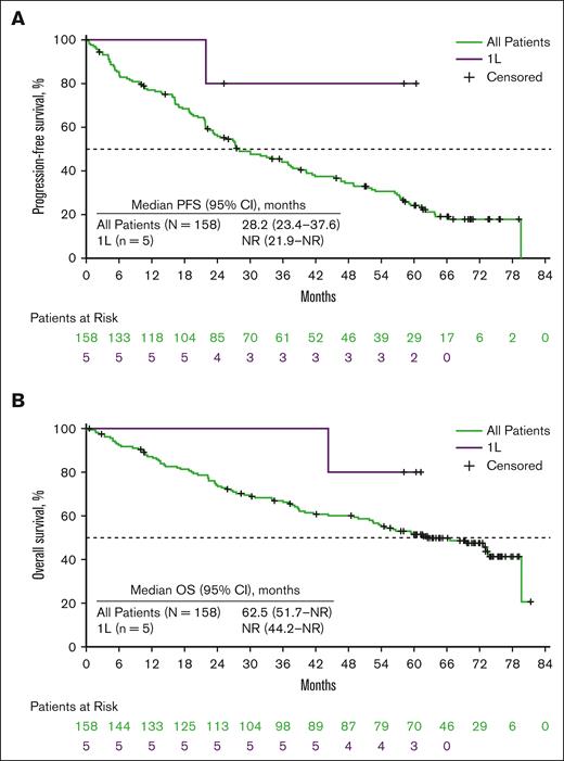 PFS and OS. Median PFS (A) and median OS (B) in the all treated population, with a median follow-up of 70 months. 1L, first line.
