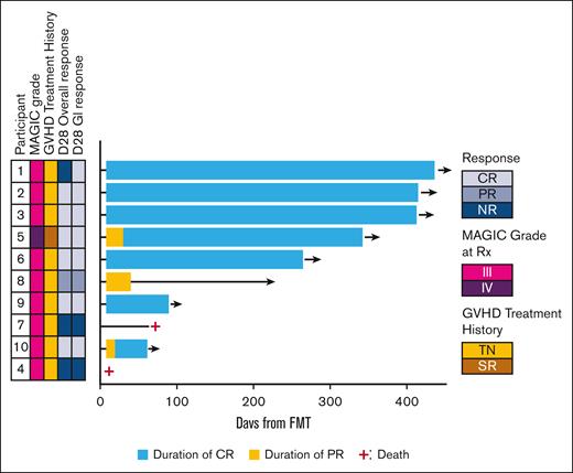 Clinical outcomes after FMT in the treatment of high-risk acute LGI GVHD. Swimmers plot demonstrating clinical responses and duration of response after the administration of FMT in combination with corticosteroids for acute LGI GVHD. NR, no response; SR, steroid-refractory.