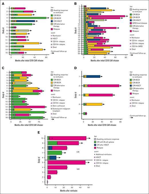 Clinical courses of individual patients. Clinical courses are shown from the time of CARTi for patients who received CARTr for peripheral BCR followed by CR (A) or NR (B), and for patients who received CARTr for CD19+ hematogones followed by CR (C) or NR (D). (E) Clinical courses are shown from the time of CARTr for patients reinfused for CD19+ MRD/relapse. Data shown include duration of CR with BCA or BCR, duration of CR after HSCT or other alternative therapy, time to reinfusion(s), time to relapse denoted as CD19+ or CD19−, and time to death. BCA, B cell aplasia; BCR, B cell recovery; CR, complete response; HSCT, hematopoietic stem cell transplantation; NR, no response.