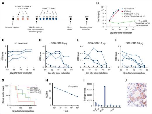 The CD3×CD3 BsAb treats GVHD in mice previously cured of xenograft leukemia without allowing leukemia relapse. (A) Timeline of experiment and treatments. (B) CD19×CD3 BsAb cures mice of CD19+ NALM6-luc leukemia. Luciferase (luc)–transduced human leukemia NALM6-luc was monitored using in vivo bioluminescent imaging. n = 5 mice per group. (C-F) GHVD scores for each individual mouse, grouped by treatment. Open triangles represent treatment days. (G) Survival of mice treated with CD3×CD3 BsAb. (H) Standard curve of cycle threshold (ct) values for human CD3 in complementary DNA generated from RNA purified from mouse blood spiked with known numbers of T cells. (I) Calculated number of T cells per mouse. Open circles indicate that the number was incalculably low because the ct value of for human CD3 was >40. (J) Immunohistochemical staining (600× original magnification) showing human CD3+ T cells in the lung tissue of the mouse euthanized on day 197, the mouse from the 10-μg group with the highest number of T cells in its peripheral blood. Experiment was repeated 2 times.