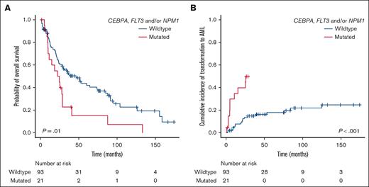 Survival analysis and incidence of AML transformation of patients with mutCFN vs wtCFN. OS (A) and CIP to AML (B) in mutCFN patients vs wtCFN patients.